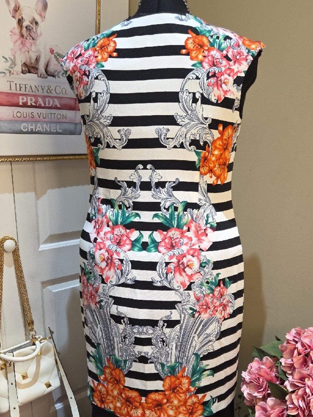 Nwot 16 Voir Voir Black & White Striped Midi Dress with Orange and Pink Floral - Picture 4 of 17